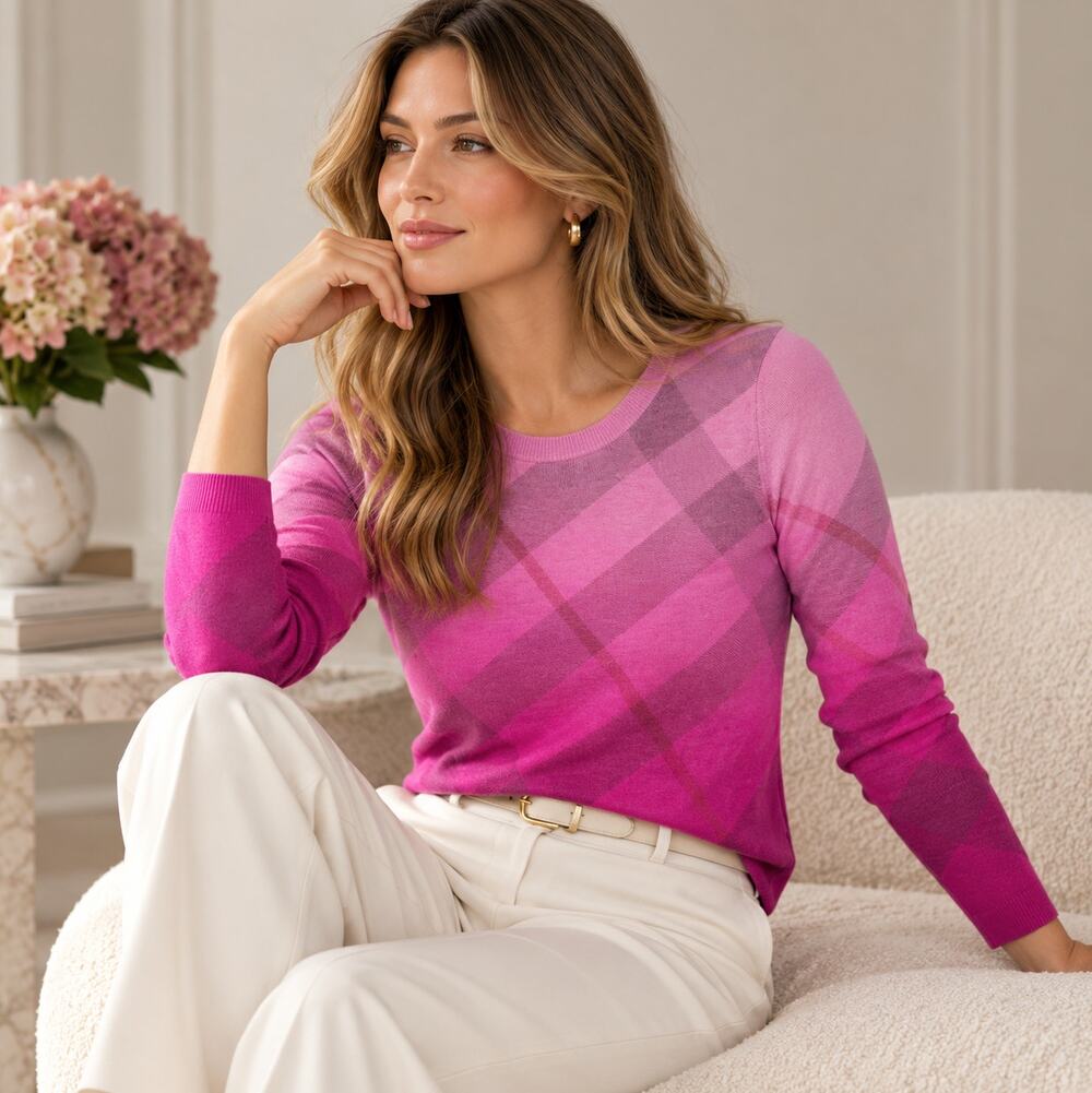 BURBERRY Ombre Nova Check Sweater Purple Pink Wool Cashmere Sz S $780 {VV15}